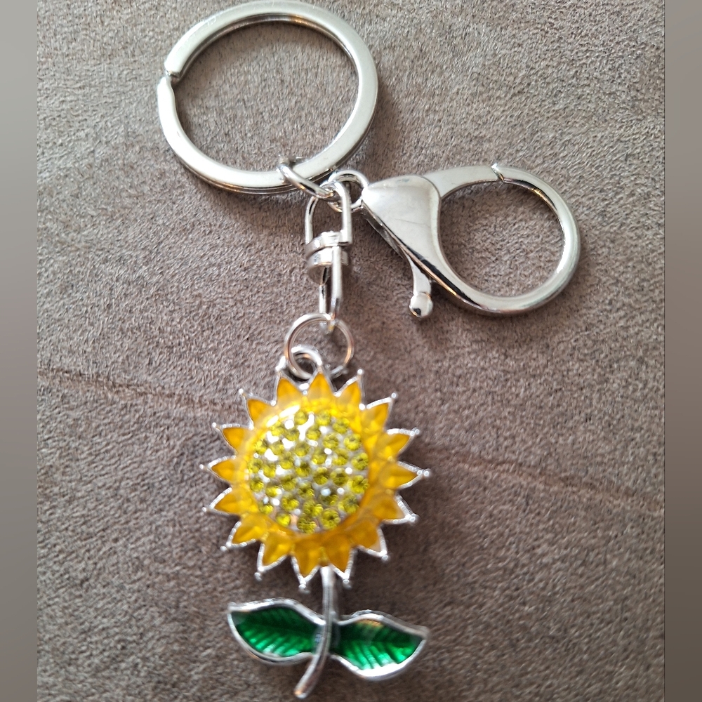 Sunflower Bag/Key Charm Metal Tone Silver, Flower Gold With Yellow Rhinestones